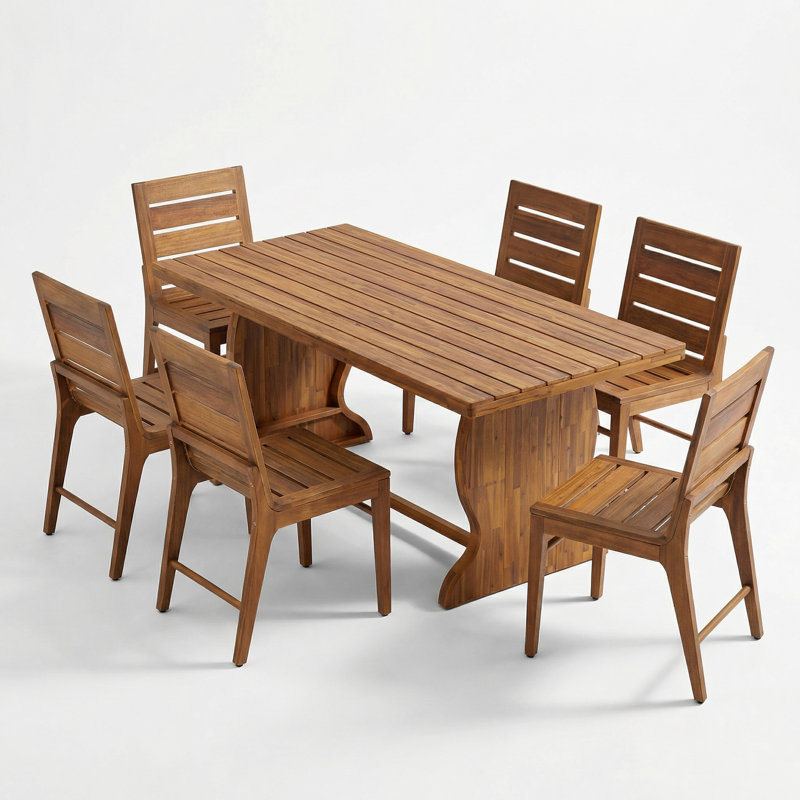 Hapeville Patio 7-Piece Acacia Wood Dining Set With Ergonomic Curved Chairs