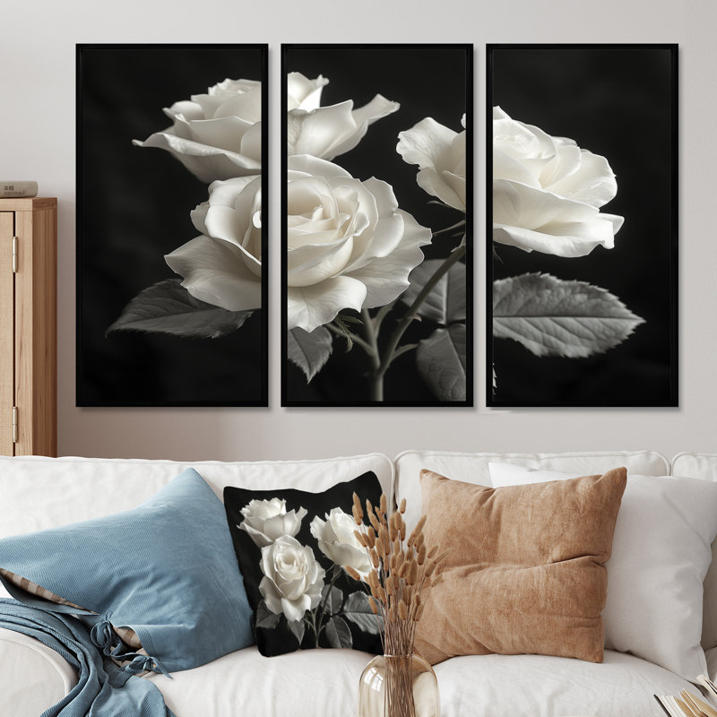 Ensemble de salon monochromes Bloom II - Roses, Toile avec cadre flottant noir, H 28 po x l 36 po x P 1 po