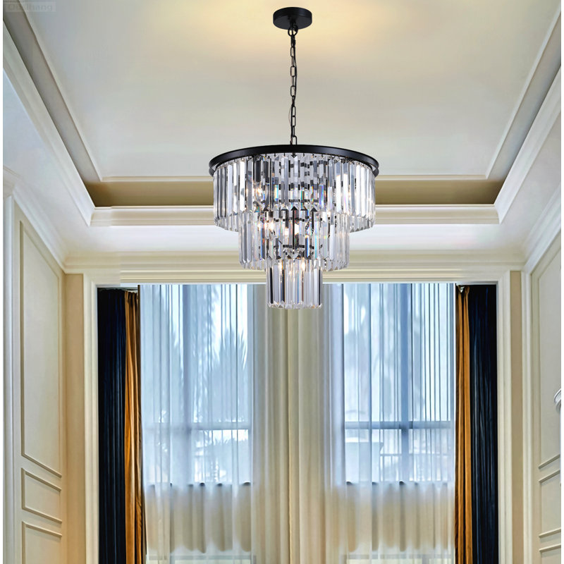 Luminaire suspendu moderne en cristal à 3 niveaux Glam, Matte Black