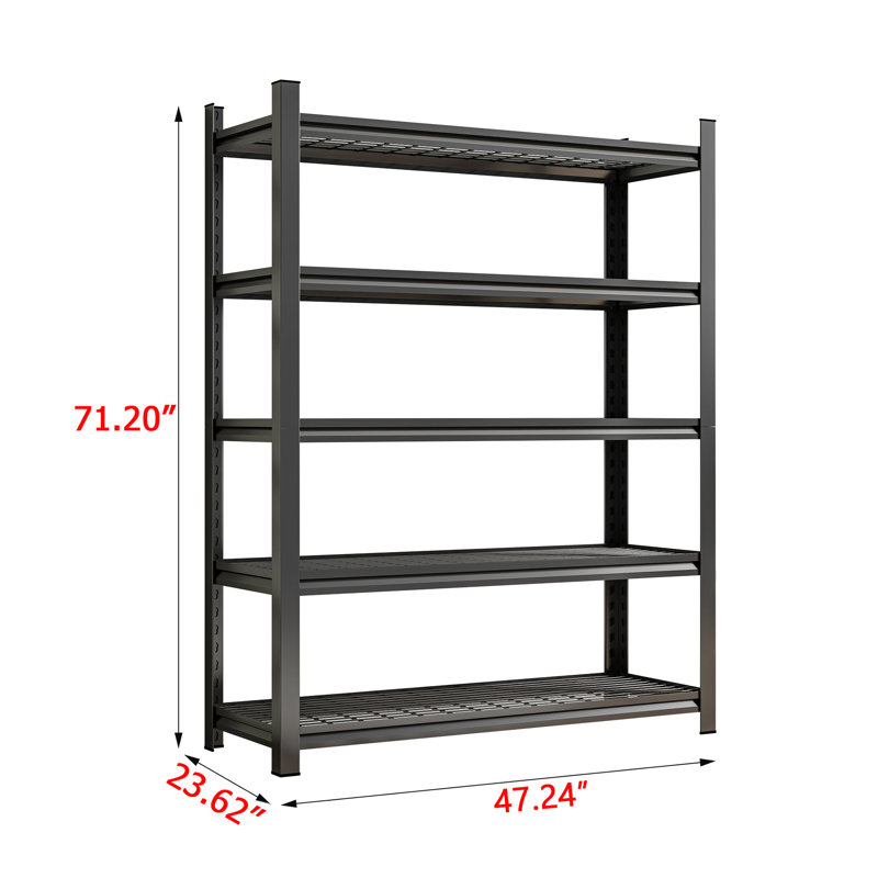 Tablette ajustable en métal noir à cinq étages pour le garage, capacité de 2 500 lb, H 71,2 po x L 47,49 po x P 24,1 po, tablette de rangement à dossier ouvert, capacité, finition rouille durable