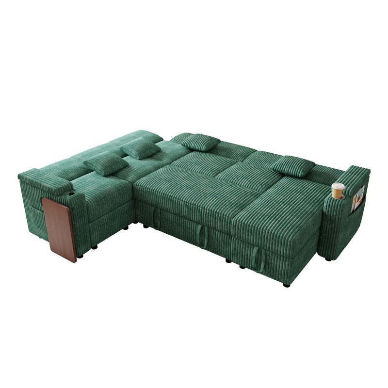 Canapé-lit d'angle en velours côtelé de 254 cm (100 pouces) avec ports USB et rangement