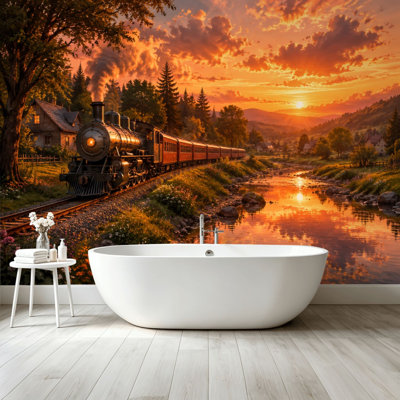 Peler et coller le papier peint, art rétro, voyage en montagne, vallée du coucher du soleil doré, art mural, auto-adhésif et amovible