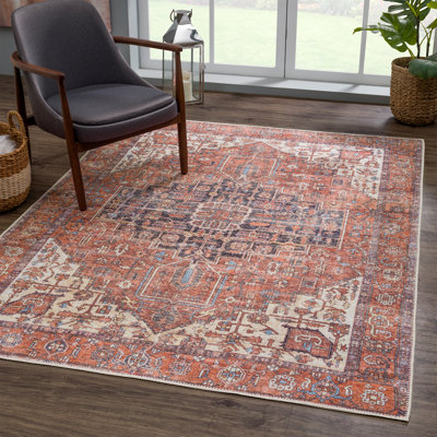 Tapis traditionnel lavable antidérapant - rouge / orange / beige Tapis pour entrée, couloir, salle de bain et cuisine - Heffington