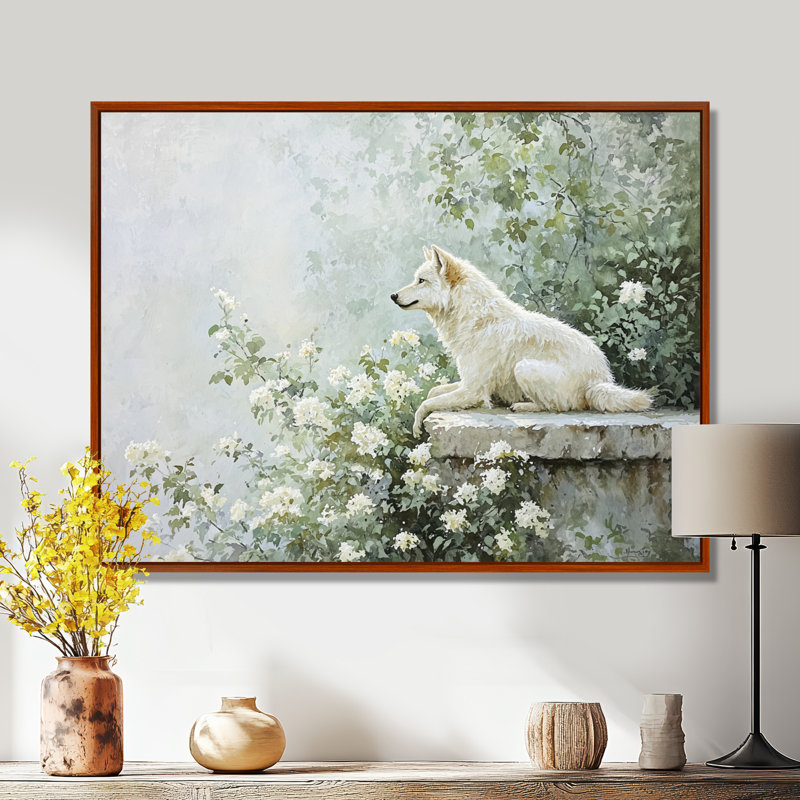Loup perché en été - loup, salon d'art mural, Brun, H 12 po x l 20 po, Impression dans un cadre flottant sans passe-parto