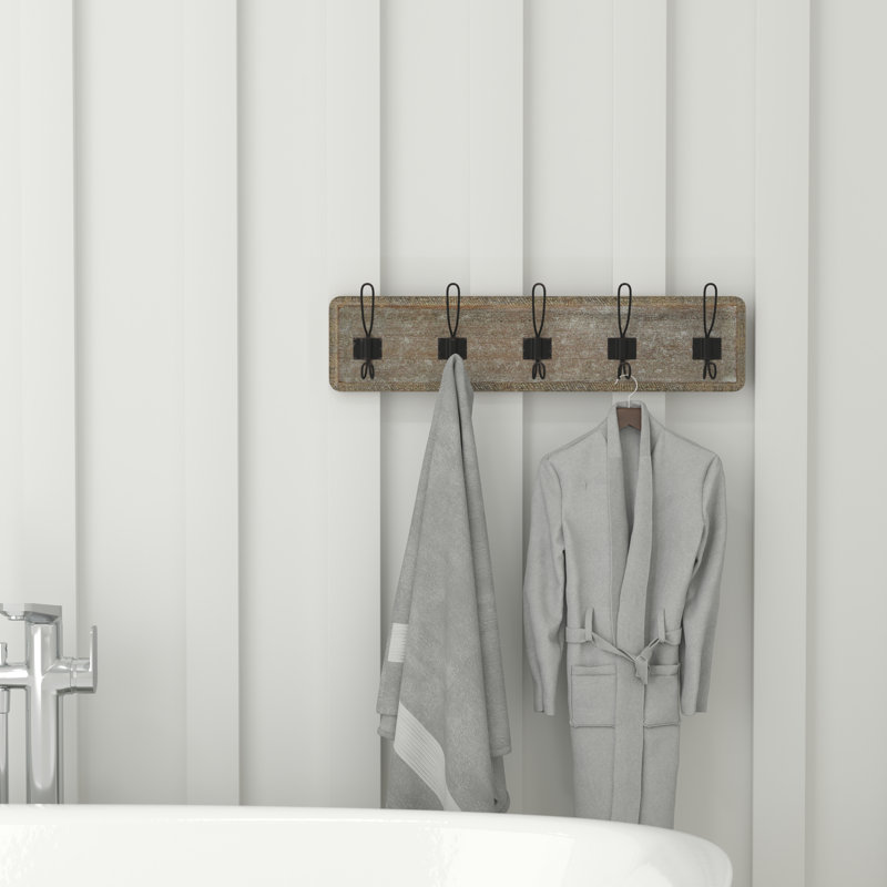 Nariaki Wall Mounted Solid Pine Wood Storage Rack with 5 Hanging Hooks, Weathered Brown
