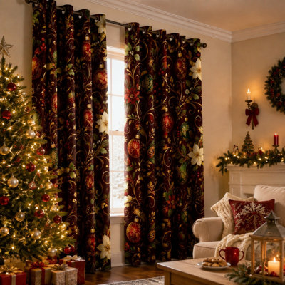 2 pièces décorations de Noël festives et rideaux bloquant le soleil à motif floral, élégant design rétro des Fêtes, obscurcissant, isolant thermique pour la décoration de la chambre à coucher pour la maison