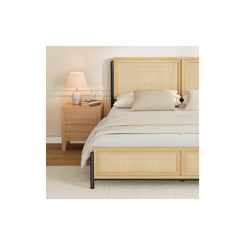 Rattan Bed Frame with Natural Rattan Headboard and Footboard, Boho Platform Bed Frame with Metal Slats, Wooden Side Rails, Underbed Storage