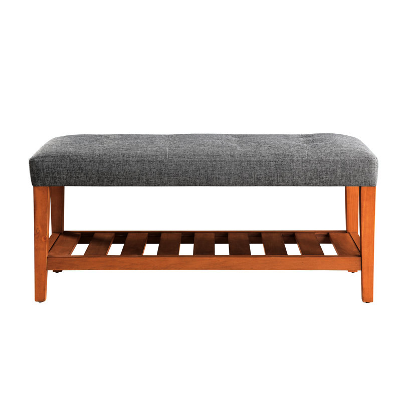 Gray Fabric And Oak Finish Comfortable Seat - 40"W X 16"D 18"H Padded Bench Practical Storage Solution & 40"X16" Design Option