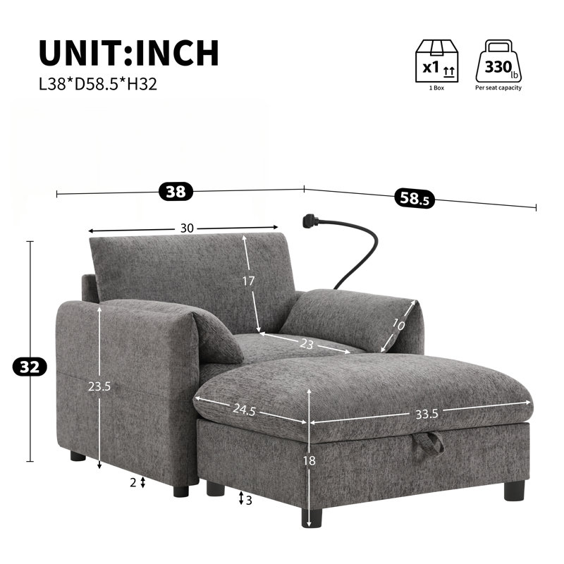 Canapé simple de 38 pouces avec repose-pieds de rangement, support de téléphone réglable, chargeur USB, poches latérales et accoudoirs en forme de coussin pour le salon et l’appartement, chenille, 4 couleurs