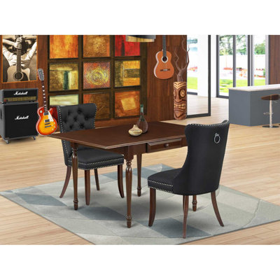 3-Piece Mahogany Finish Rectangular Solid Wood Top with Dropleaf Dining Table Set