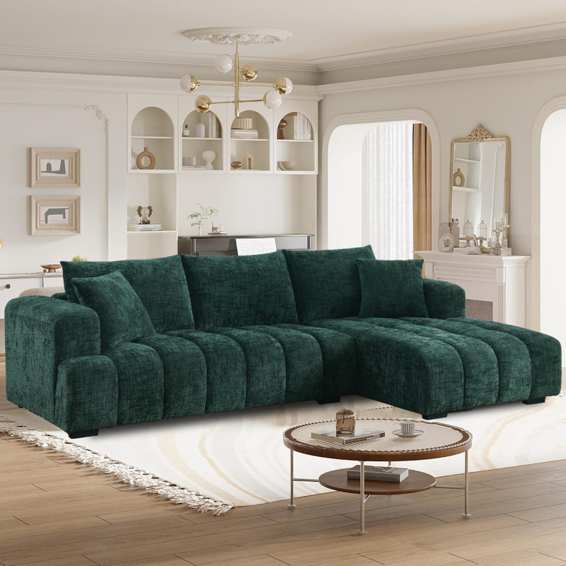 Modern Tufted Sectional Right-chaise Sofa , Chenille vert foncé, Orienté à droite, H 34,2 po x l 109,4 po x P 62,5 po
