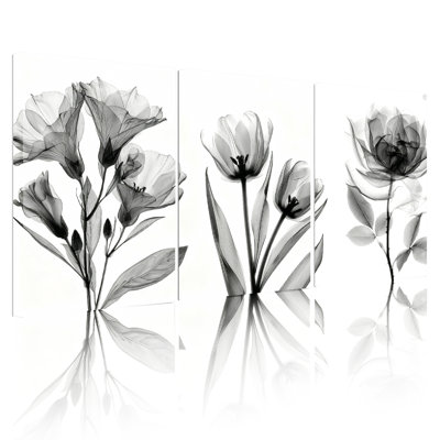 Black and White Floral Watercolor Canvas Wrapped Wall Art, Set of 3, Modern Minimalist Style for Living Room, Bedroom, or Office Decor