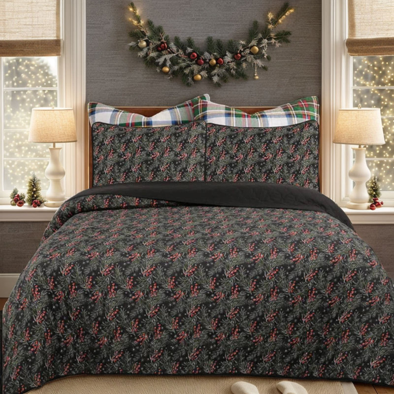 Marcielo Lightweight All Season Reversible Comforter Quilt Set with Shams, Black/Red Trellis, Queen Quilt + 2 Shams