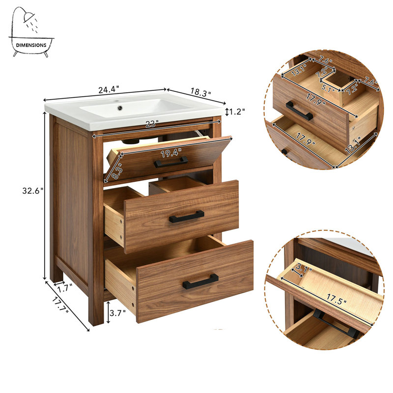 Meuble-lavabo simple autoportant avec plateau en céramique 24,4 po Marye