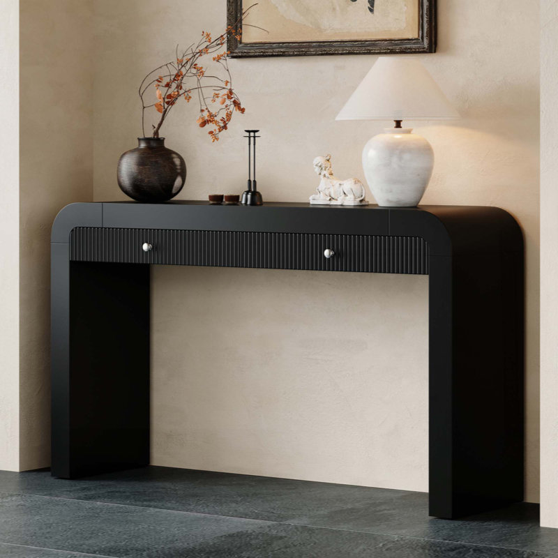 Rustic Console Table With Fluted Drawer Front, Entryway Table With Curved Corners & Thick Legs, Sturdy Sofa Table For Hallway & Living Room
