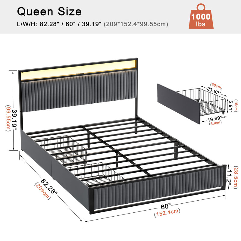 Antioch Upholstered Bed Frame with 2 Storage Drawers, Modern Platform Bed with Charging Station & LED Light, No Spring Box Needed