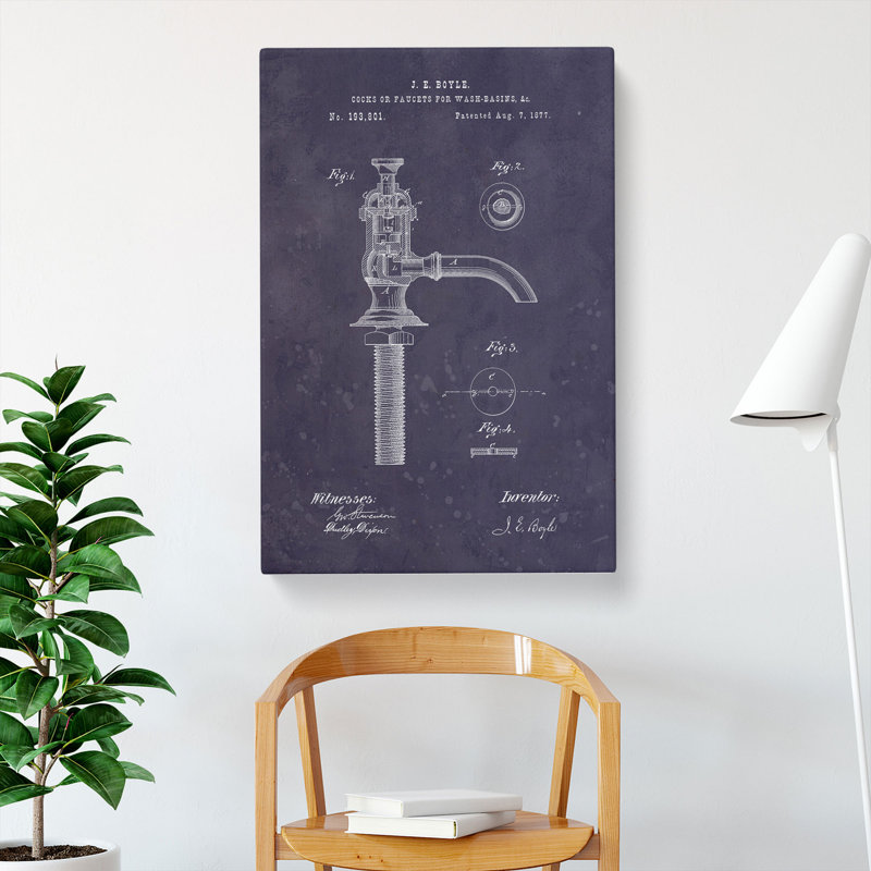 Water Faucet Tap Patent Dark - Wrapped Canvas, 91cm H x 60cm W x 3cm D