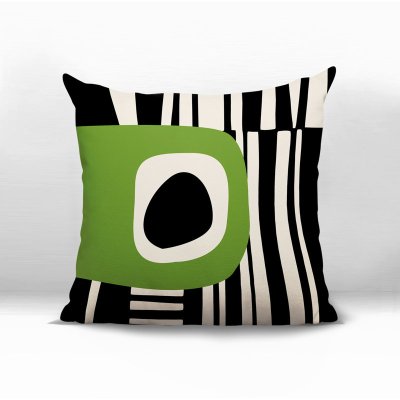 Oreiller carré réversible intérieur / extérieur Jina, H 15 po x l 15 po, Chartreuse / noir / blanc cassé abstrait