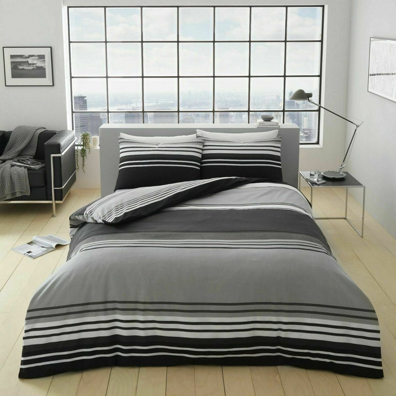Hirondina Cotton Blend Striped Duvet Cover Set with Pillowcases Included, Black/White, Kingsize Duvet Cover + 2 Pillowcases