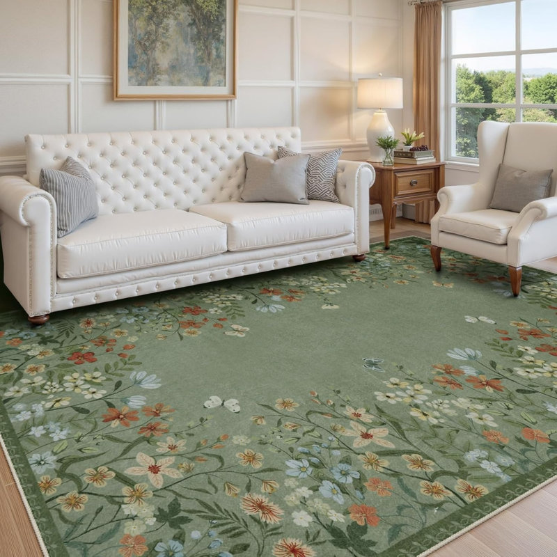 Floral Butterfly Rug 5' x 7' for Bedroom Nursery, Green Multicolor