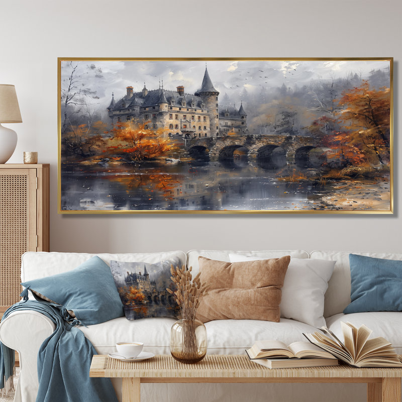  «Beige Orange Autumn Rustic Chateau In Europe II - Chateaus», reproduction d'art, Toile argentée avec cadre flottant