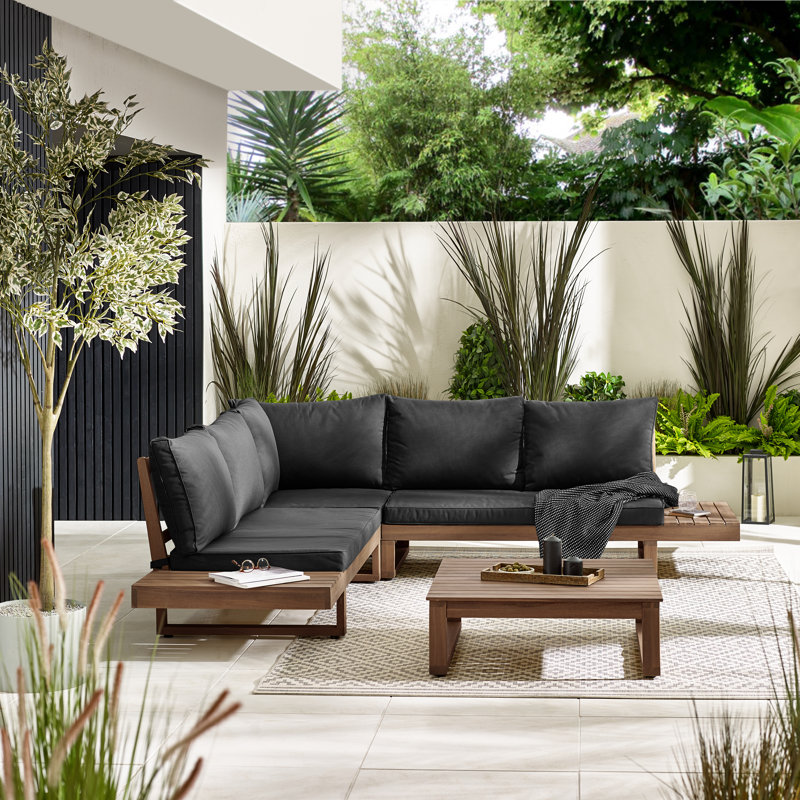 Giyana 6 Person Solid Wood Outdoor Convarsation Set With Coffee Table - Lounge For Modern Garden, Black/Walnut