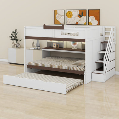 Multi-Functional Bunk Bed With Staircase, Trundle And Storage Shelves,LED