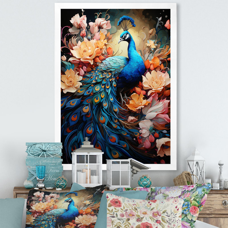 «Majestic Flowerful Peacocks Harmony I» sur toile, Cadre photo blanc, H 40 po x l 30 po x P 1,5 po