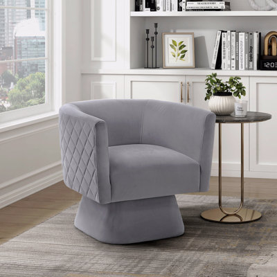 Fauteuil pivotant en tissu de velours gris revêtu de tissu d'ameublement en bois massif avec motif à losanges et dossier rembourré