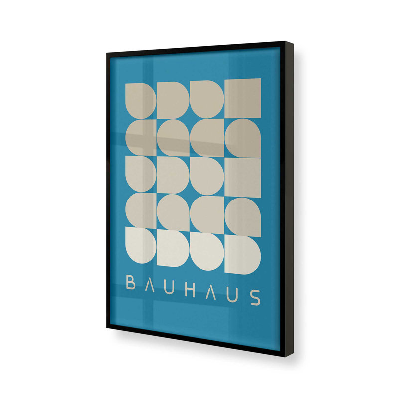 Impression géométrique dans un cadre poli, H 11 po x l 9 po, Cadre noir, Bauhaus bleu sarcelle et crème