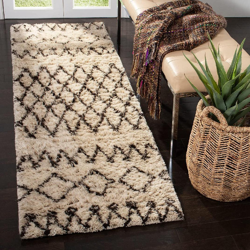 Tapis ivoire / brun en laine touffeté à la main Clem Southwestern, Tapis de couloir 2 pi 3 po x 12 pi
