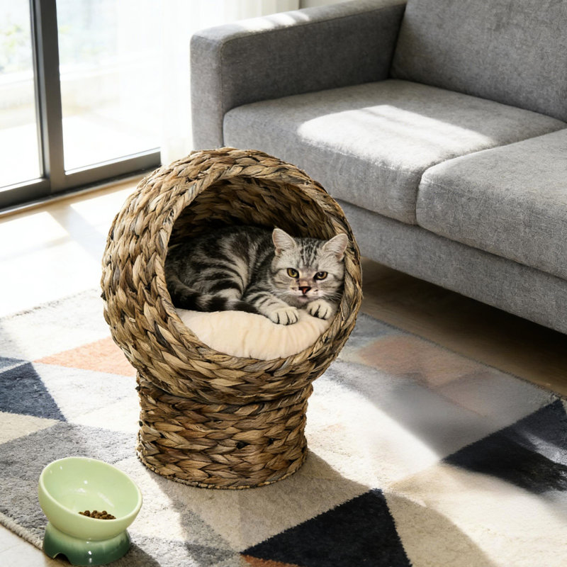 Lit surélevé pour chat avec panier rotatif, lit moelleux, style panier, brun foncé ou beige, matériau jacinthe d'eau, convient aux chats de moins de 8,8 lb