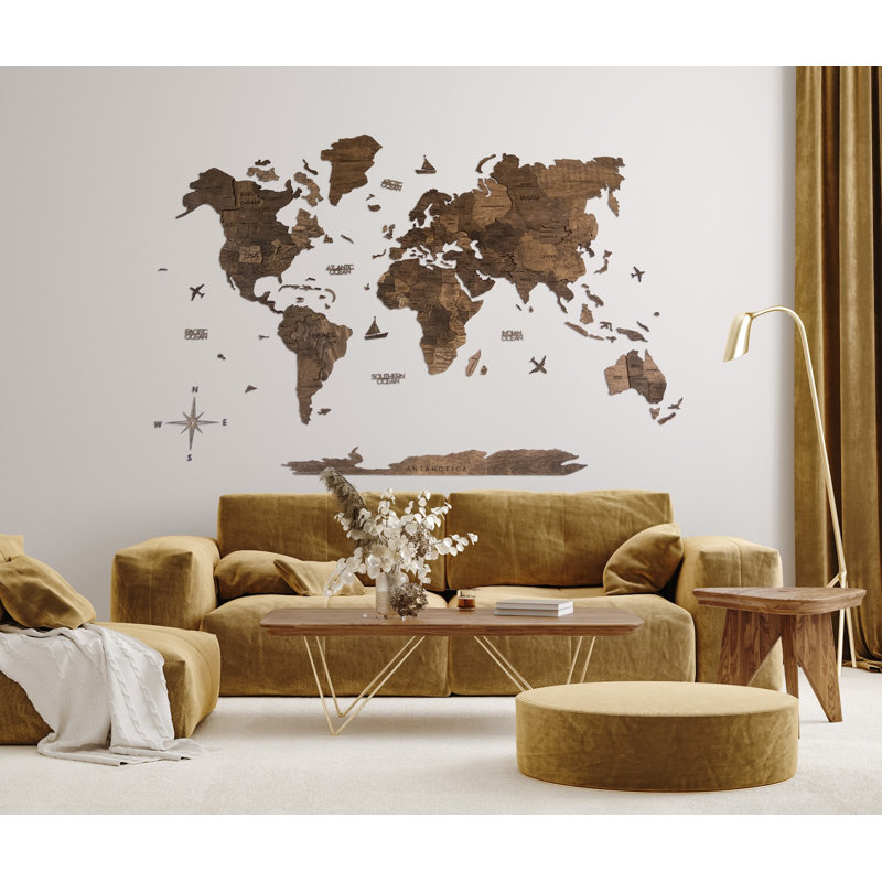 Wooden World Map, Wall Decor, Housewarming Gift, Christmas Gift for Couple, Dark Walnut, 24" H x 39" W x 0.47" D