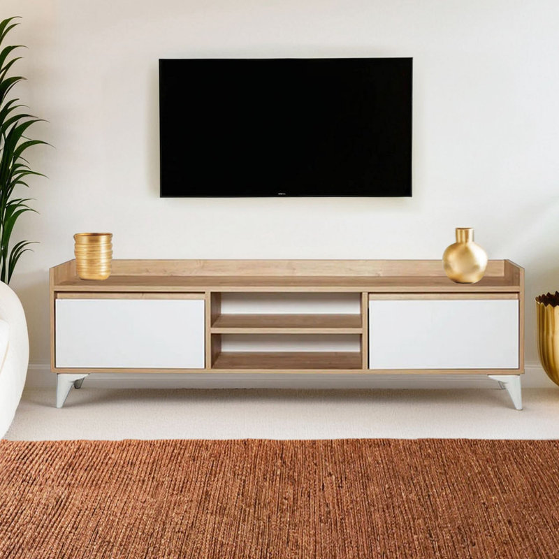 Modern Oak & White TV Stand, 63.0 x 18.5 x 13.4 inches | 100% Melamine Coated Chipboard, 0.8 mm PVC Edgebands | Wall-Mountable Design with Numerous Shelves | Stylish Storage Solution for Living Room & Entertainment Center
