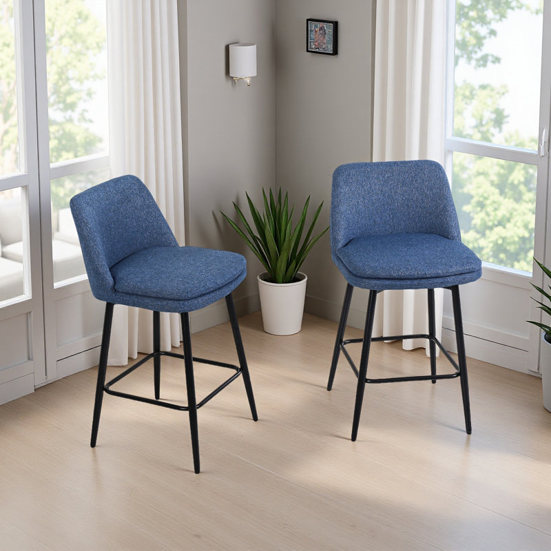 Counter Height Swivel Bar Stools Set Of 2, 360° Swivel Upholstered Barstools With Back And Metal Legs, Blue