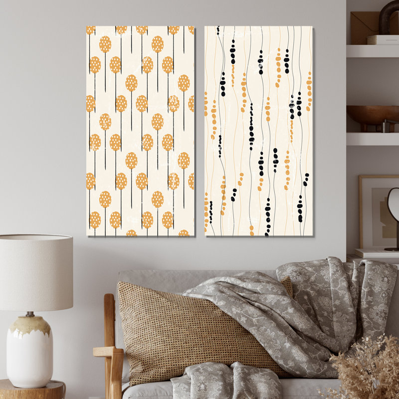 «Retro Organic Harvest Elements» en noir et jaune - ensemble de 2 impressions, H 40 po x l 40 po x P 1,5 po, Toile tendue