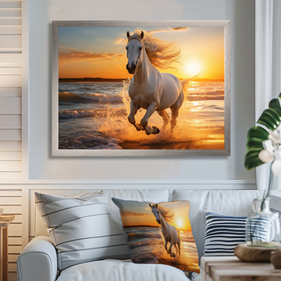 Wild horse running on beach 1 - Coastal Beach Framed Prints