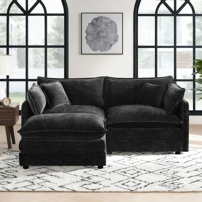Canapé-lit modulaire en forme de L avec 1 repose-pieds Comfy, Chenille noir