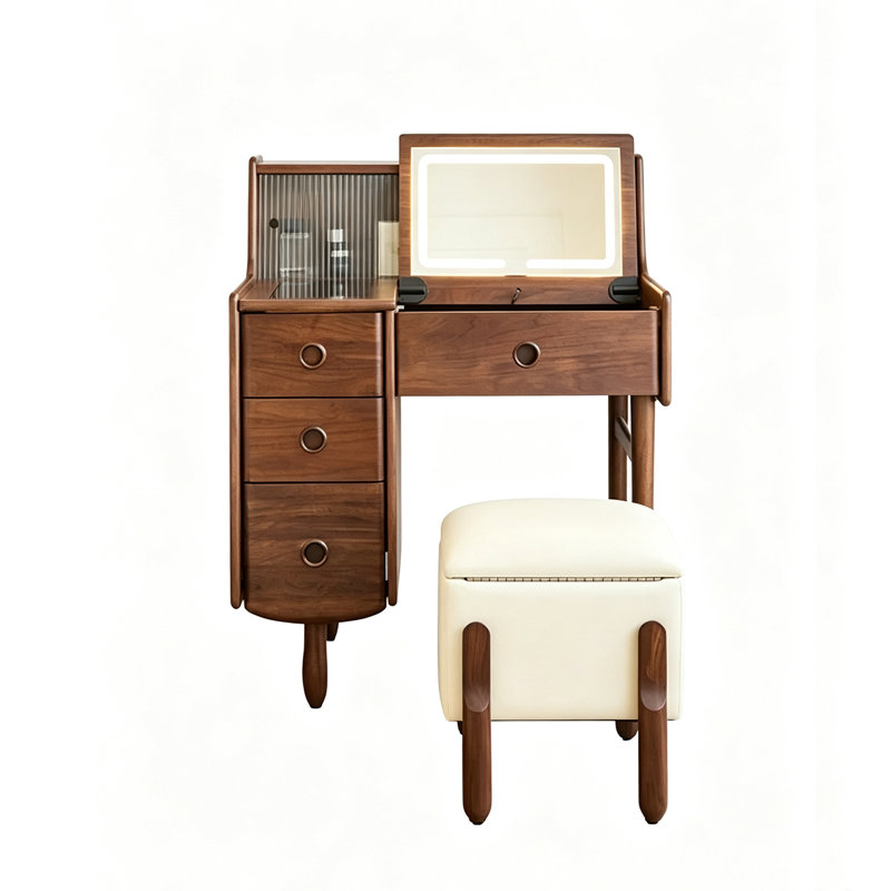 Walnut Solid Wood and Glass Vanity with Mirror and Seat