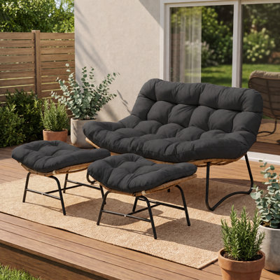 Chaise longue d'extérieur / d'intérieur avec repose-pieds, causeuse double en osier avec coussin gris épais