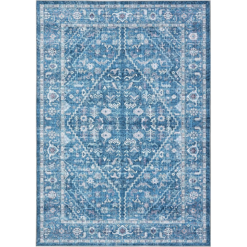 Vintage Area Rug 5x7 Washable Foldable Distressed Accent Carpet Non-Skid Oriental Print Low-Pile Non-Shedding Thin Floor Mat for Bedroom (Blue)