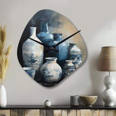 Blue and Cream Bohemian Vibes Pottery IV - Boho Pottery, horloges murales asymétriques en métal, horloge murale