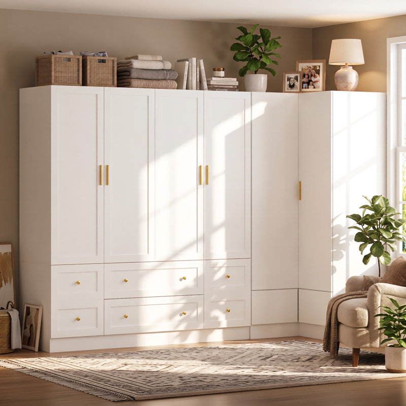 2-Piece Modular Wardrobe Set with L-Shaped Corner Closet, 6 Drawers and 4 Hanging Areas