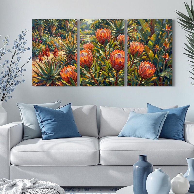 Ensemble de 3 tableaux sur toile tendue représentant un jardin de fleurs de protéa, H 36 po x l 72 po