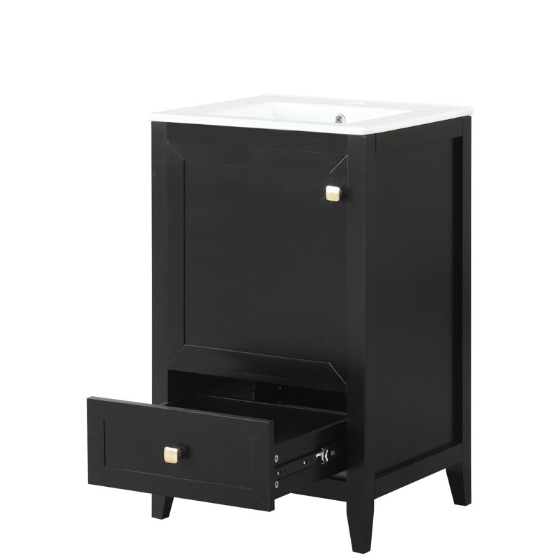 Meuble-lavabo de salle de bain 20 po - Noir, quincaillerie en acier inoxydable, meuble autoportant en céramique, tiroir spacieux