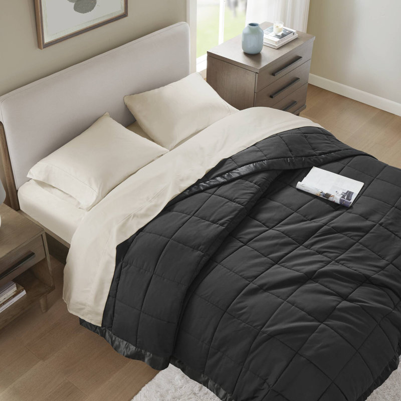 Couverture légère en duvet synthétique avec bordure en satin , Très grand, Noir