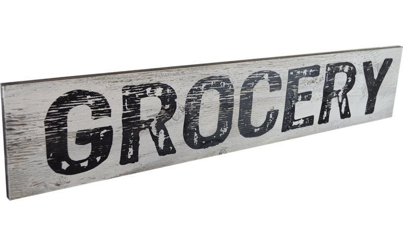 « épicerie », art textuel sur bois manufacturé