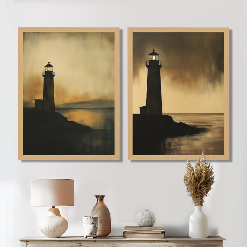 Amber Beacon Dusk I - Phares - Impression sur toile en 2 parties, 32" H x 48" W, Natural Picture Framed