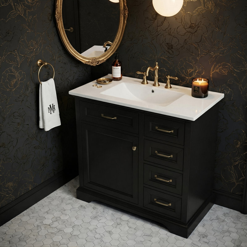 Meuble-lavabo autoportant 36 po avec lavabo en céramique, 2 plateaux basculants, 2 tiroirs et 2 tiroirs, Noir, Doré, 8 po