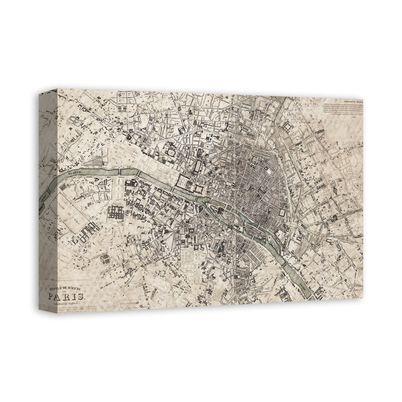Carte rétro de Paris sur toile, H 12 po x l 18 po x P 1,25 po